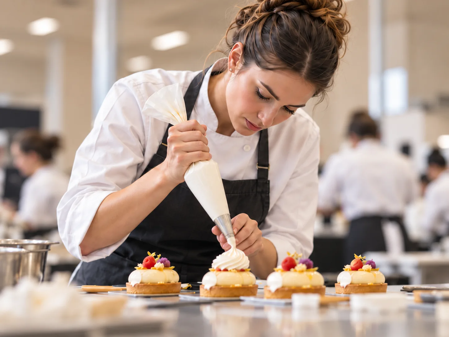Une candidate travaille sa création pendant un concours de pâtisserie